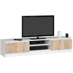 Raumhirsch Lowboard in Weiß und Sonoma Eiche, 160x33x40 cm - Modernes TV-Lowboard für Ihr Wohnzimmer: Mit zwei offenen Fächern und Soft-Close-Türen bietet es stilvollen Stauraum für Multimedia-Geräte. Die kompakte Größe passt perfekt zu Fernsehern bis 65 Zoll.