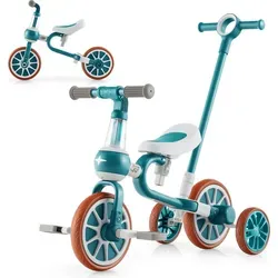 COSTWAY 4-in-1 Kinder Dreirad, Laufrad, Balance Bike & Schiebeauto - Grün - Vielseitiges 4-in-1 Fahrzeug für Kinder von 2-4 Jahren. Verstellbarer Schiebegriff und abnehmbare Pedale ermöglichen einfache Anpassungen. Robuste Bauweise und rutschfeste EVA-Räder bieten Sicherheit und Komfort.