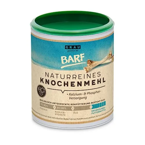 GRAU - das Original - 100% Naturreines Knochenmehl vom Rind, natürliches Calcium für Knochenaufbau & Gelenke, 1er Pack (1 x 400 g), Ergänzungsfuttermittel für Hunde & Katzen