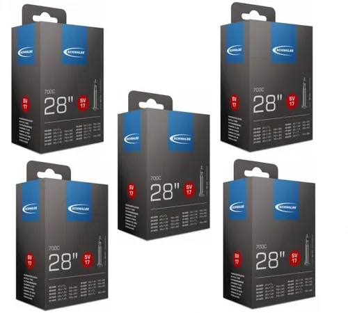 Schwalbe Fahrradschlauch SV17 – 5er-Set für 28 Zoll - Schwalbe SV17 Fahrradschlauch (28 Zoll) im praktischen 5er-Set. Ideal für Vielfahrer, bietet hohe Pannensicherheit und optimale Lufthaltigkeit. Perfekt für Touren-, City- und Trekkingräder.