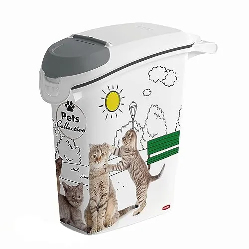 Katzenstreu Behälter 10kg Curver PetLife - Plastikaufbewahrungsbehälter, luftdicht und geruchsdicht mit praktischem Griff und integriertem Messbecher für eine einfache Handhabung.