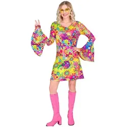W WIDMANN MILANO 60er Jahre Kostüm - Hippie Kleid für Partys - Kostüm-Outfits für Erwachsene, farbenfrohes Kleid mit Peace-Zeichen und Trompetenärmel, ideal für Schlagermove, Karneval oder Flower Power Mottopartys.