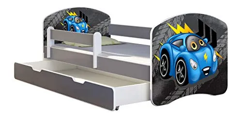 ACMA Kinderbett Jugendbett mit Einer Schublade und Matratze Grau mit Rausfallschutz Lattenrost II (04 Blaue Auto, 180x80 + Bettkasten)