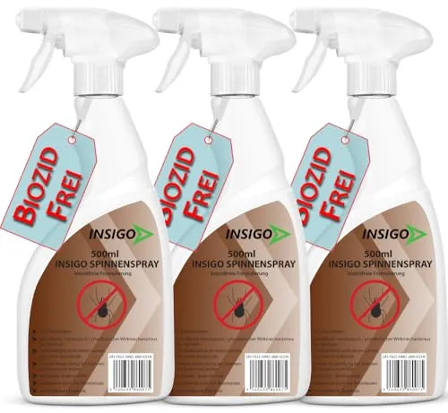 Biozidfreie Spinnen Abwehr INSIGO 3x500ml – Effektives Spinnen Spray für Zuhause - Insekten- & Schädlingsbekämpfungssprays für den Innenbereich, bietet sofortige Wirkung ohne Flecken und schützt zuverlässig vor Spinnen, Milben und Zecken.