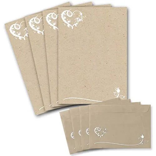 Briefbogen-Sets DIN A4 - Briefpapier in Kraftpapier-Look mit blumigem Herz-Ornament - mit passenden Briefumschlägen DIN C6 in taupe Briefpapier bedruckbar ideal für Hochzeitseinladungen 50