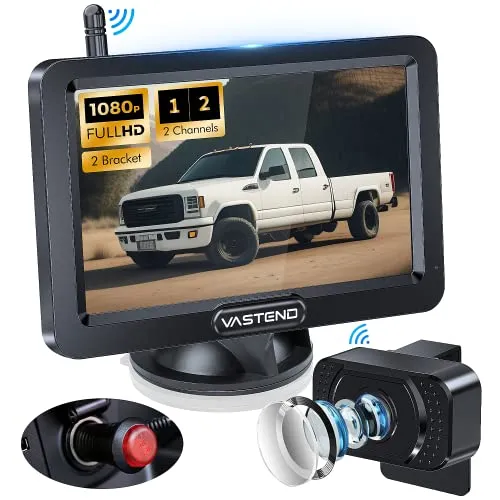 VASTEND Rückfahrkamera Kabellos HD 1080P Autokamera, 5'' Monitor, Split Bildschirm 2 Kanäle, Wasserdichtes Nachtsicht Rückfahrkamera Set für Auto, SUV, Pkw(V02)
