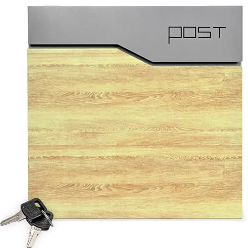 Verda Briefkasten mit Zetungsfach, 37 x 37 x 11 cm, Schloss unter dem Deckel, Postkasten Wandbriefkasten Zeitungsrolle, Moderne Ausführung und einfache Montage, Silber mit Holzoptik SN3637