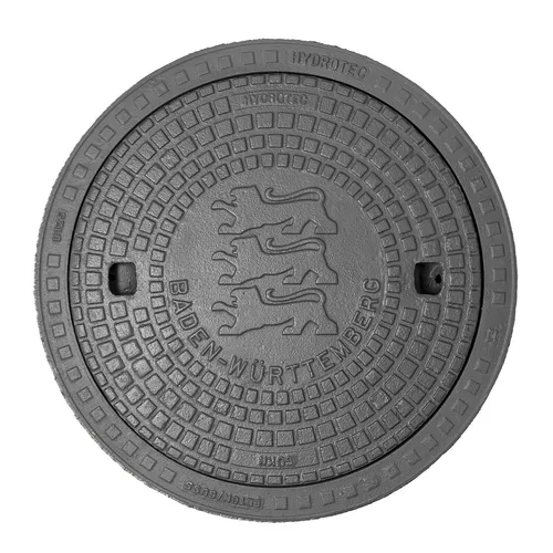 HYDROTEC Kanaldeckel Schachtdeckel Gullydeckel mit Länderwappen Baden-Württemberg - Robuster Kanaldeckel in Belastungsklasse A50, ideal für öffentliche Bereiche. Hergestellt in Deutschland mit einer Bauhöhe von 100 mm und einem Gewicht von 77 kg.