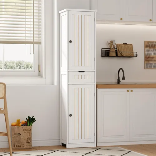 okwish Küchenschrank mit verstellbaren Einlegeböden – Doppeltür-Design in Weiß - Platzsparender Hochschrank mit flexiblen Einlegeböden für individuellen Stauraum. Ideal für Küche oder Wohnzimmer, bietet er eine stabile Konstruktion und einfache Montage.