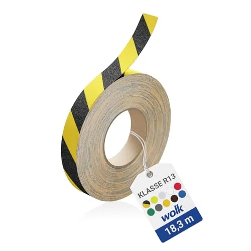 wolk Antirutsch Klebeband R13 Gelb/Schwarz – Selbstklebendes Anti-Rutschband 25 mm x 18,3 m für Treppen, Rampen & Böden, Innen & Außen, Extrem robust, Rutschhemmung BGR 181