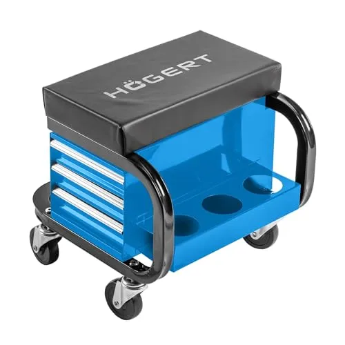 Högert Technik - Werkstattsitz mit 3 Schubladen und 4 Lenkräder Werkstattstuhl mit Schubfächern Schubladensitz Werkstatt Rollhocker Arbeitshocker Maximale Belastung: 110 kg
