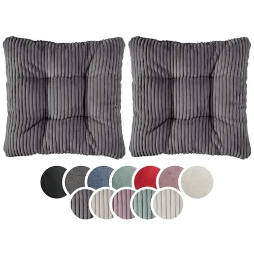 sleepling Stuhlkissen 2er-Set, Cord Optik, weicher Möbelstoff, 38 x 38 cm, Sitzkissen in Farbe dunkelgrau