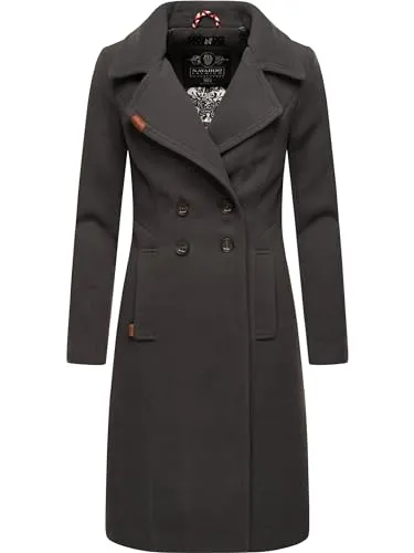 Navahoo Damen Wollmantel Wooly Anthrazit Gr. S - Eleganter langer Trenchcoat aus Woll-Optik mit Reverskragen, ideal für stilvolle Looks in der kalten Jahreszeit. Ein Figurschmeichler mit samtigem Innenfutter und praktischer Innentasche.
