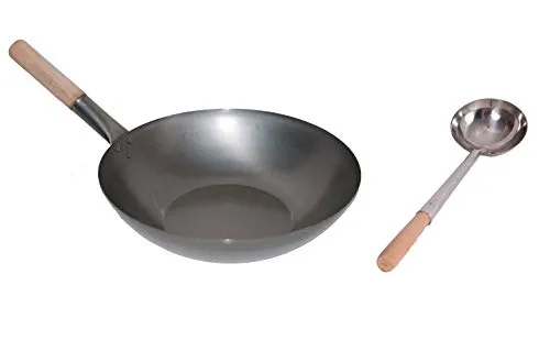 AAF Nommel ®, Wok Set, Pfanne 35 cm Ø Flacher Boden Carbon Stahl + Wok Kelle Edelstahl 44 cm lang mit Holzgriff. Für Gasherd, Elektro, Ceran und Induktion