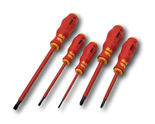 WÜHRT VDE Schraubendreher Satz 5-teilig - Schraubendreher-Set für Elektroarbeiten, isoliert bis 1000V, mit ergonomischem Griff und Abrollschutz für sicheres Arbeiten.