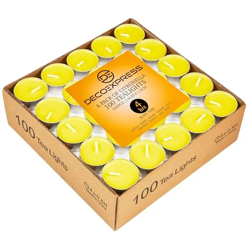 Deco Express Citronella Teelichter, 100er- oder 50er-Pack Duftkerzen Teelichter 4 oder 8 Stunden Brenndauer (4 Stunden x 100)