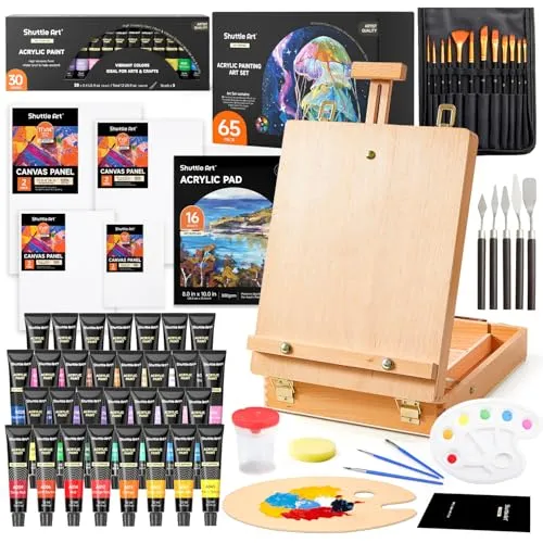 Shuttle Art 65 teiliger professioneller Malkoffer mit Tischstaffelei, 30 Acrylfarben Set, Leinwand, Pinsel, Palette, Schwamm, komplettem Zubehör, Malset für Kinder und Erwachsene geeignet