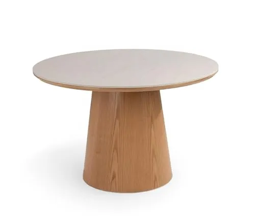 Eleganter Esstisch Ø 115 cm in Hellbraun und Weiß mit Keramikplatte - Moderner Esstisch mit travertine Keramikplatte und stabilen MDF-Gestell. Ideal für Esszimmer und Küche, bietet Platz für bis zu 4 Personen. Perfekte Kombination aus Funktionalität und Stil.