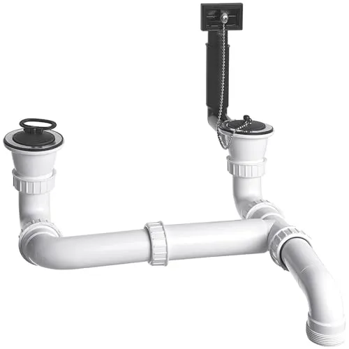 BLANCO Doppel-Ab- und Überlaufgarnitur 1 ½'' | Modernes Ablaufsystem für Doppelwaschbecken - Unterschränke fürs Bad: Hochwertige Ab- und Überlaufgarnitur in schwarz matt, ideal für Blanco Spülen, sorgt für harmonisches Design und Funktionalität.