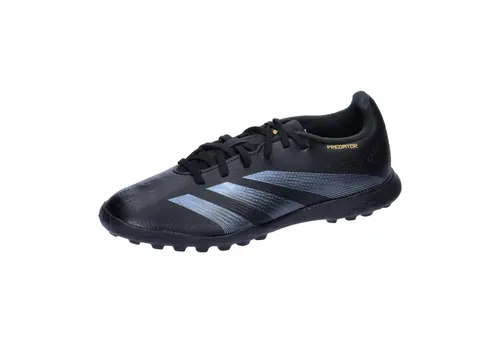 adidas Unisex Predator League J Fußballschuhe: Core Black/Carbon/Gold Metallic, 38 2/3 EU - Fußballschuhe mit Hybridfeel Obermaterial und Strikescale Gummilamellen, ideal für kurzen Kunstrasen, Hart- und Aschenplätze.