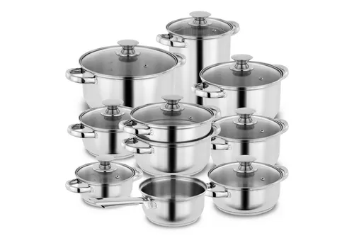Kopf Topfset Janina 123613, 8-teilig aus Edelstahl - Kochtöpfe, induktionsgeeignet, inklusive 8 Glasdeckeln und praktischen Siebeinsätzen für vielseitiges Kochen und Dünsten.