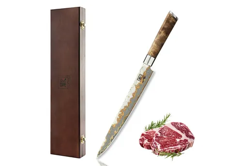 MysticMagma Sashimi Messer 25 cm aus Damaststahl - Küchenmesser mit 25 cm langer Klinge aus 67 Lagen Damaststahl, ergonomischer DualCurve Griff aus Ahornwurzelholz und in edler Holzbox – für präzise Sashimi- und Sushi-Zubereitung.