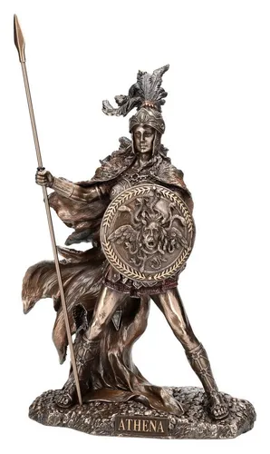 Dekofigur Athena - Griechische Göttin mit Schild und Speer - Elegante 30 cm große Dekofigur aus Kunststein, ideal als Geschenk oder zur Verschönerung Ihres Zuhauses. Detailreich und farbenfroh gestaltet, bringt sie griechisches Flair in jeden Raum.