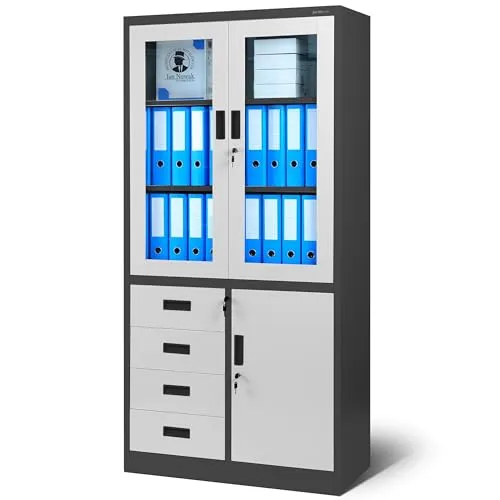 Jan Nowak Aktenschrank C042 - Robuster Büroschrank mit Flügeltüren und Schubladen - Vertikale Büro-Aktenschränke, pulverbeschichtet aus Stahlblech, mit 2 höhenverstellbaren Fachböden und 4 abschließbaren Schubladen für optimale Sicherheit und Stauraum.