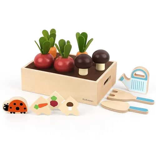 KizKnows Kleiner Garten aus Holz Küchenspielzeug Gemüse-Spielset Holz Kinderküche Spielküche Zubehör Spielküche Lebensmittel Geschenk für Jungen und Mädchen ab 3 Jahre