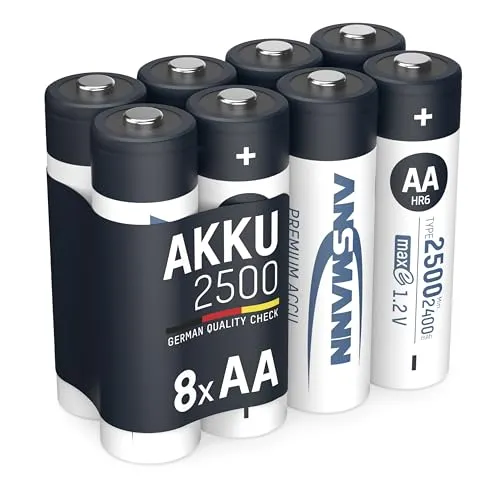 ANSMANN AG Akku Mignon AA 2500mAh 1,2V NiMH - 8 Stück - Kamera-Akkus mit geringer Selbstentladung und hoher Kapazität. Ideal für energieintensive Geräte und bis zu 1000-mal wiederaufladbar. Umweltfreundlich und schnellladefähig.