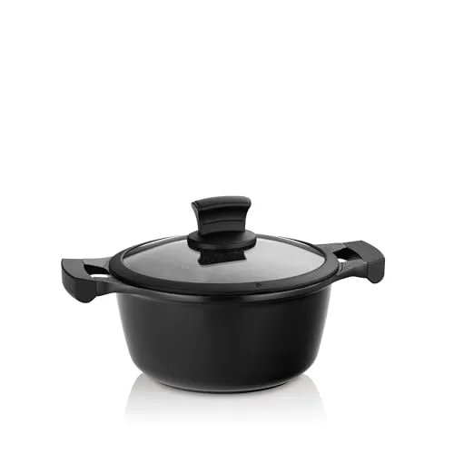 kela Kochtopf Induktion 20 cm STELLA NOVA - Kochtopf 20 cm aus Aluguss mit Glasdeckel und Oil Control System für gleichmäßige Ölverteilung, ideal für gesunde und energieeffiziente Zubereitung von Speisen.