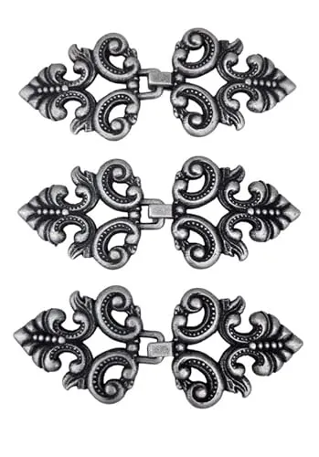 Hartmann-Knöpfe 3 Stück Metall Verschlüsse Zierverschluss altsilber zum Annähen Mantel Gewand Cape 60mm x 25mm, altsilberfarben