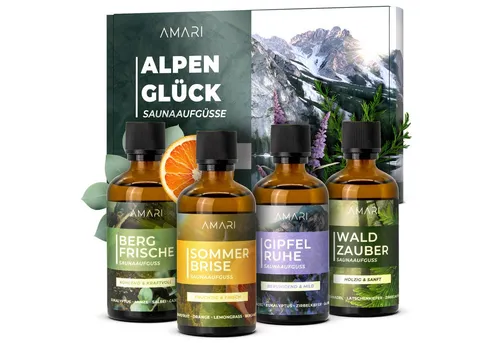 Amari ® Saunaaufguss Set Alpenglück – Natürliche Saunadüfte für entspannende Momente - Genießen Sie das Amari Saunaaufguss Set mit naturreinen ätherischen Ölen. Perfekt für entspannende Saunaaufgüsse und ein authentisches Saunaerlebnis. Hergestellt aus hochwertigem Bio-Ethanol, ideal für Ihr persönliches Wellness-Ritual.
