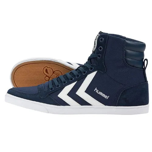 hummel Unisex Slimmer Stadil High Top, Dress Blue White 63 511 7647, 47 EU - Herren-Sneaker mit synthetischem Obermaterial, blockabsatz und kalt gefüttertem Innenmaterial für optimalen Tragekomfort in der kalten Jahreszeit.