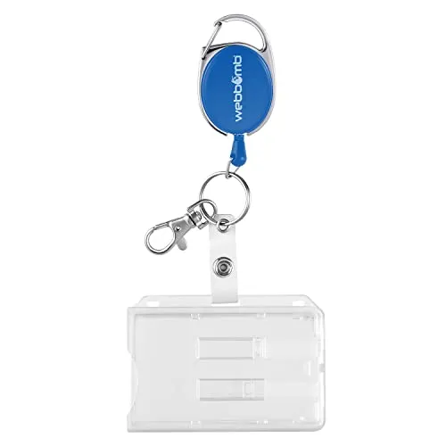 WEBBOMB® Ausweishalter für 1-2 Karten 3 FARBEN Kartenhülle Ausweishülle Kartenhalter aus Hartplastik mit reißfester 70cm Ausweis JoJo-Schnur Karabinerhaken Schlüsselring & Metall Clip (Blau)