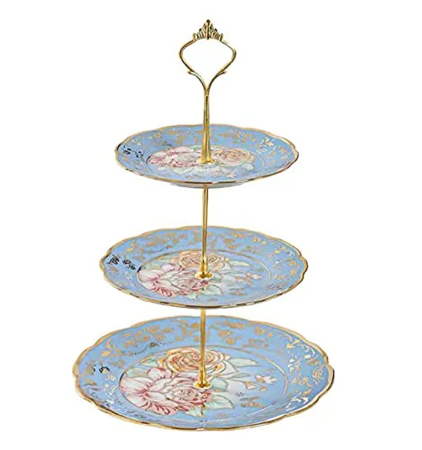 3-Etagen-Keramik Vintage Kuchen Stand mit schönen klassischen Rose Muster, Lebensmittel Rack für die Anzeige von Kuchen-Platte (Blue)
