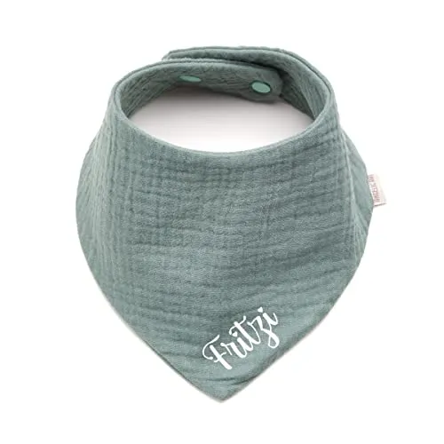 Personalisiertes Dreieckshalstuch aus Baumwolle, Halstuch für Jungen, Mädchen, Unisex, mit Druckknopfverschluss, in verschiedenen Farben mit Wunschnamen-Musselin (Dunkelmint)