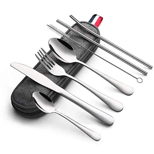 KOHMUI Outdoor Reisebesteck, Campingbesteck aus Edelstahl mit Filztasche, 7-teilige Besteckset mit 2 Löffel, Messer, Gabel, 2 Strohhalm, Reinigungsbürste