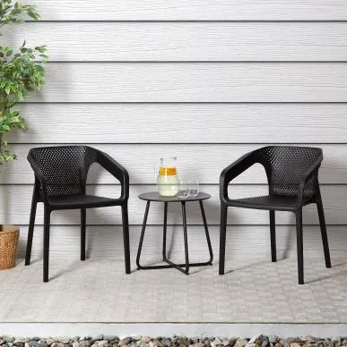 Gartenlounge-Set Outdoor 2 Stühle + Tisch, 3-tlg, Schwarz - Platzsparendes und wetterfestes 3-teiliges Gartenmöbel Set mit stapelbaren Stühlen und robustem Tisch für entspannte Momente im Freien.