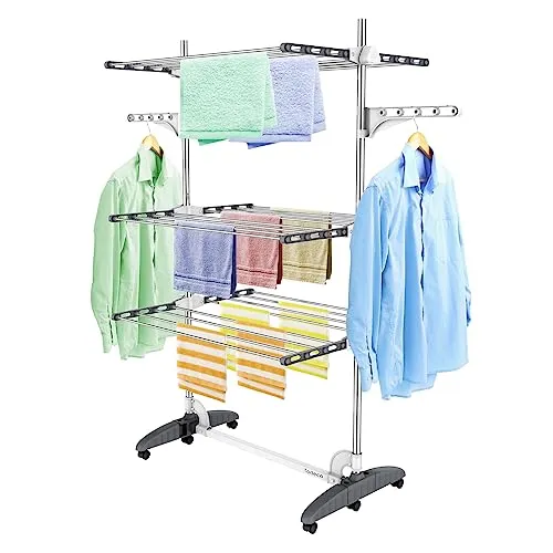 Todeco Wäscheständer Turm Klappbar, Wäscheturm 3 Ebenen aus Edelstahlrohre, Turmtrockner mit 6X Rollen, Flügel, Mobiler Turmwäscheständer für Balkon Wohnzimmer Wäscheraum Badezimmer, Grau