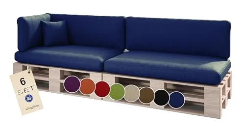 sunnypillow Palettenkissen 6er Set für Palettenmöbel – Blau - Bequeme Palettenkissen für stilvolle Sitz- und Liegemöglichkeiten im Innen- und Außenbereich. Hochwertige Materialien sorgen für besten Komfort und einfache Pflege.