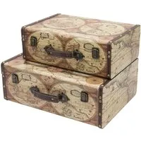 HMF Vintage Koffer Aufbewahrungsbox Set - Handgefertigte Deko Koffer im Weltkarten Design, ideal als Geschenkkoffer oder praktische Aufbewahrungslösung mit nostalgischem Charme.