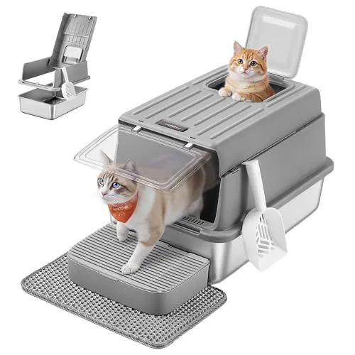 Feandrea Katzenklo Edelstahl, Katzentoilette mit Deckel, mit Schaufel, Katzenstreumatte und 2 Eingängen, für Katzen bis 15 kg, Taubengrau PPT007GN01