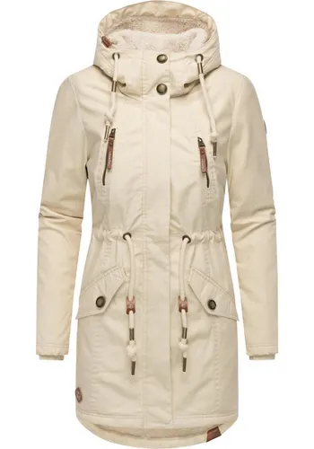 Ragwear Damen Mantel Elsie Intl Beige - Lange Winterjacke mit Teddyfell-Kapuze - Funktionsjacke aus 100% veganem Material, wasserabweisend, warm gefüttert und ideal für die kalte Jahreszeit. Stylischer Outdoormantel mit modischen Tunnelzugkordeln für eine perfekte Passform.
