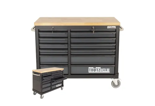 TRUTZHOLM Werkstattwagen DELUXE mit 12 Schubladen - Werkstattwagen mit massiver Holzarbeitsfläche und Profi Schubladenauszügen, die bis zu 40kg Tragkraft bieten. Ideal für Profis und Heimwerker.