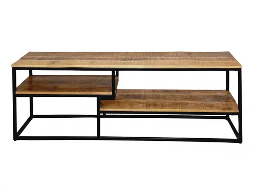 Amagohome TV Lowboard - Fernsehschrank mit 3 Regalböden aus Mangoholz - TV-Halterungen mit modernem Loft-Ambiente, aus nachhaltigem Mangoholz und mattschwarzem Metall, bietet viel Stauraum für Mediengeräte und ist ein Unikat durch die individuelle Holzmaserung.