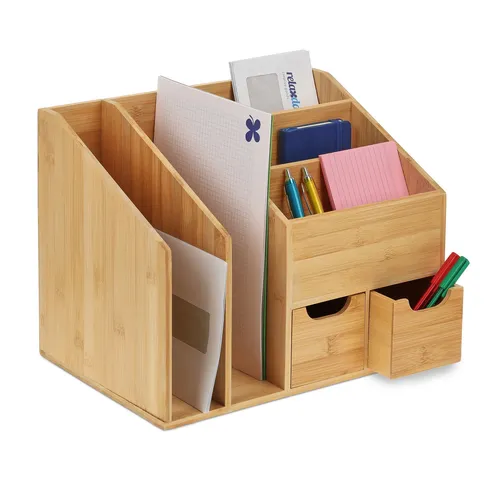 Schreibtisch Organizer mit 5 Fächern und 2 Schubladen - Ablagesysteme für ein aufgeräumtes Büro, aus hochwertigem Bambus gefertigt und mit 7 Fächern für optimale Organisation.