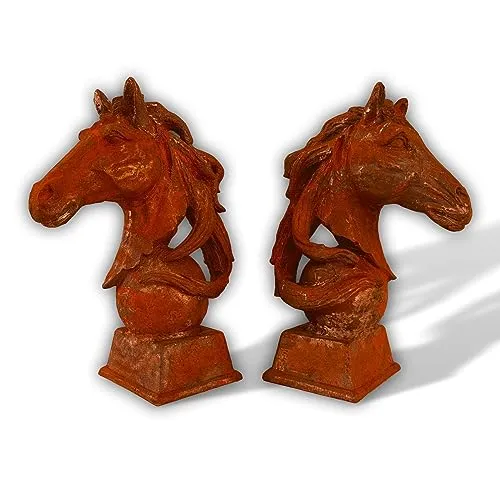 Gartenskulptur Paar Pferdekopf - Antik-Stil Rostfigur für den Garten - Dekorationsobjekt aus Eisen im Antik-Stil, ideal für Gartenliebhaber, bringt rustikalen Charme und Kunst in Ihre Umgebung.
