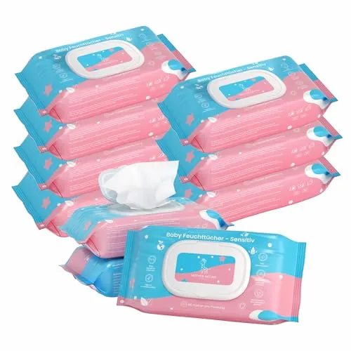 Baby Feuchttücher Sensitiv – 100% Biologisch Abbaubar & Vegan – Extra Weich & Sanft zur Haut – 99% Wasser – Ohne Alkohol – Dermatologisch Getestet – (10 x 80 | 80 Stück)