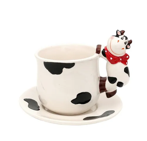 Dekohelden24 Tasse Keramik Tasse mit Teller - Kuh -, ca. 14 x 14 x 12 cm., 1-tlg., Keramik